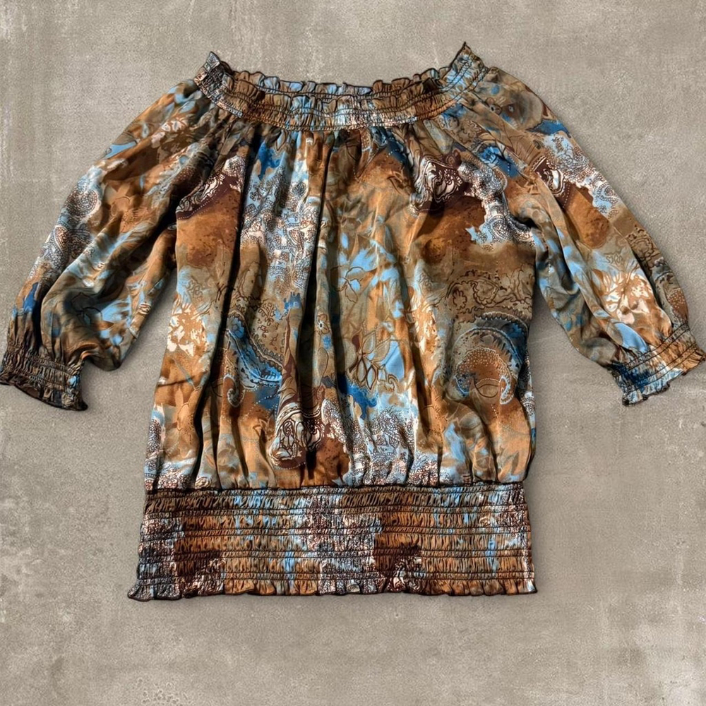 Y2K Boho Off Shoulder Paisley Top Smocked 3/4 Sleeve -Large